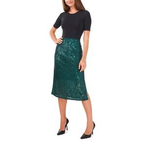 NWT Vince Camuto Emerald Green Sequined Side-Slit Midi Skirt